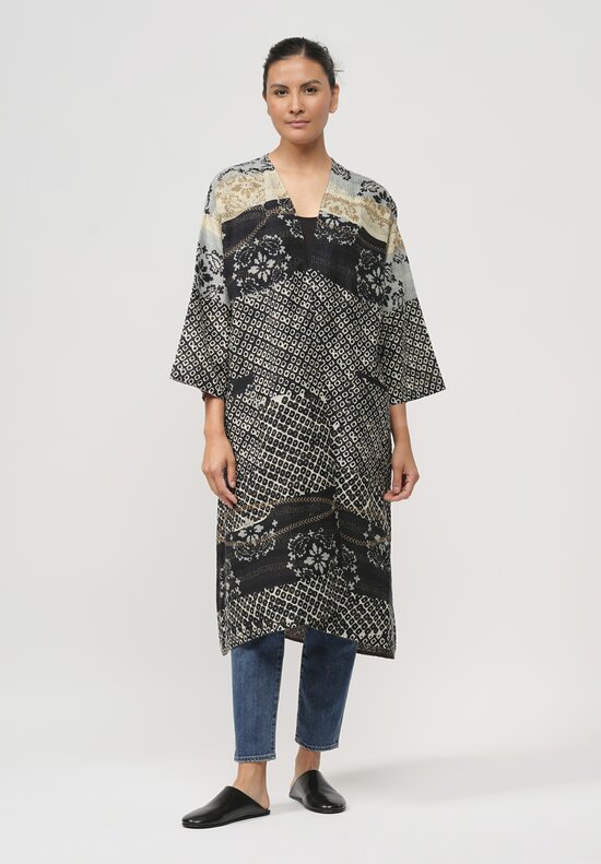 Mieko Mintz Cotton Kantha Kimono Coat in Blue & Black Diamond	