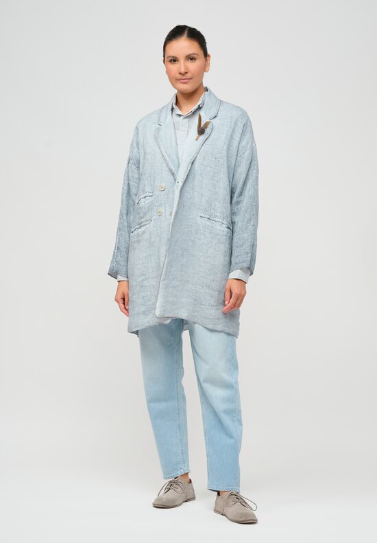 Umit Unal Hand-Stitched Linen Coat in Blue & Grey Stitching	