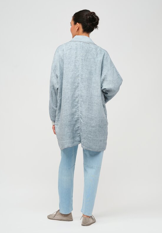 Umit Unal Hand-Stitched Linen Coat in Blue & Grey Stitching	