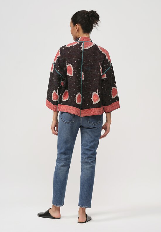 Mieko Mintz Vintage Cotton Kantha Cropped Jacket in Black & Red Leaf	