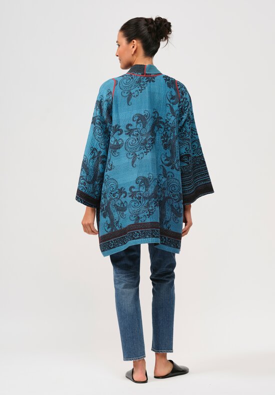 Mieko Mintz Vintage Cotton Overdyed Kantha Jacket in Black & Blue Paisley	