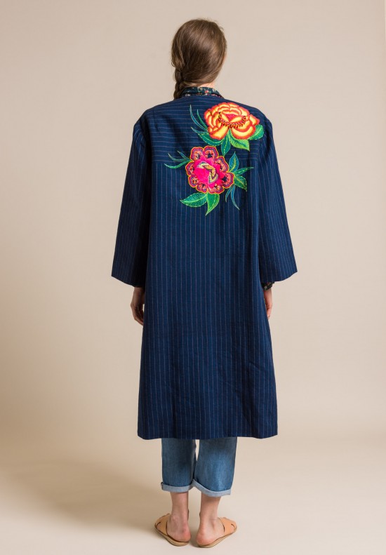 Pero Linen Beaded and Embroidered Long Belted Jacket in Indigo