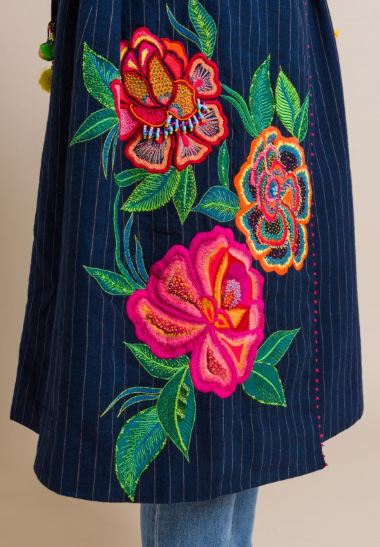 Pero Linen Beaded and Embroidered Long Belted Jacket in Indigo