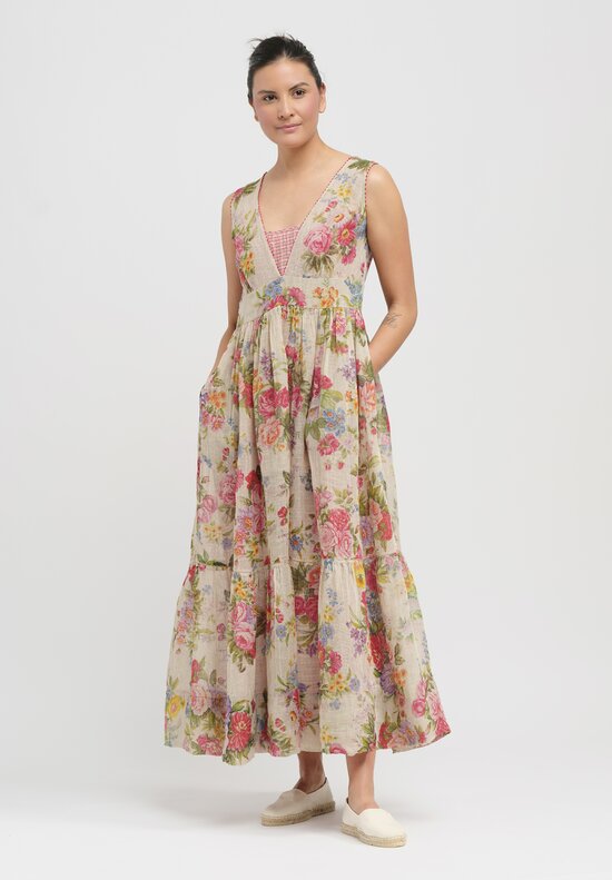 Péro Floral Linen Weave Dress in Rose Bouquet	